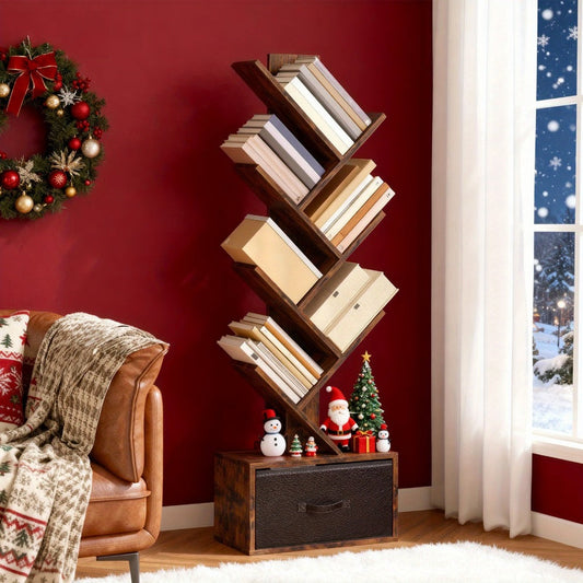 Bookshelf, 6-Tier Tree Shaped with Drawer - Rustic Brown Wood Book Storage Shelf shown in the main product view