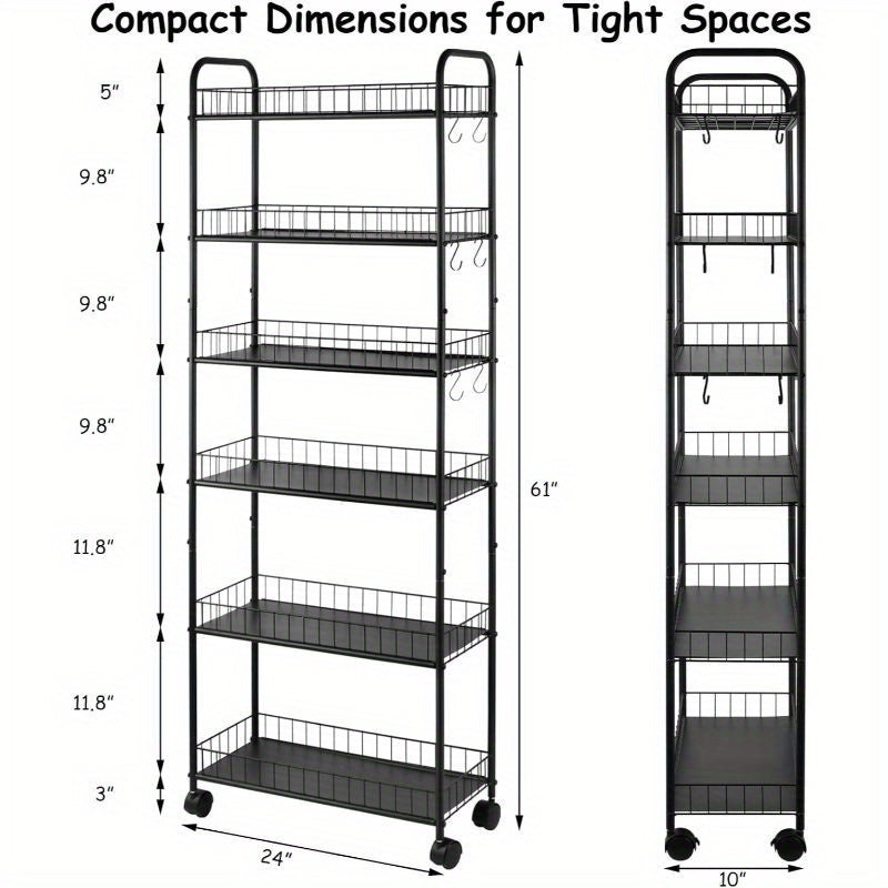 6-Tier Narrow Storage Cart with Rolling Wheels for Organized Everyday Storage in Kitchen detail image - detail view 5