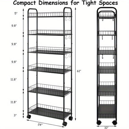 6-Tier Narrow Storage Cart with Rolling Wheels for Organized Everyday Storage in Kitchen detail image - detail view 5