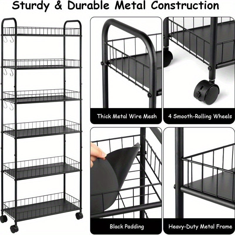 6-Tier Narrow Storage Cart with Rolling Wheels for Organized Everyday Storage in Kitchen detail image - detail view 6