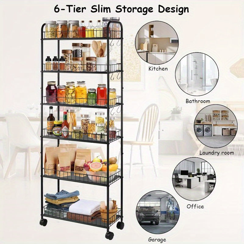 6-Tier Narrow Storage Cart with Rolling Wheels for Organized Everyday Storage in Kitchen detail image - detail view 7