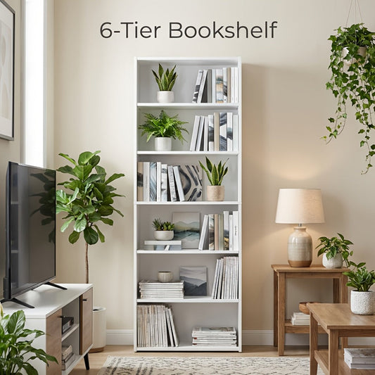 Bookshelf, 6-Tier Open & Display Shelf - Space-Saving Bookcase with Anti-Tip Kit, 22 lbs shown in the main product view