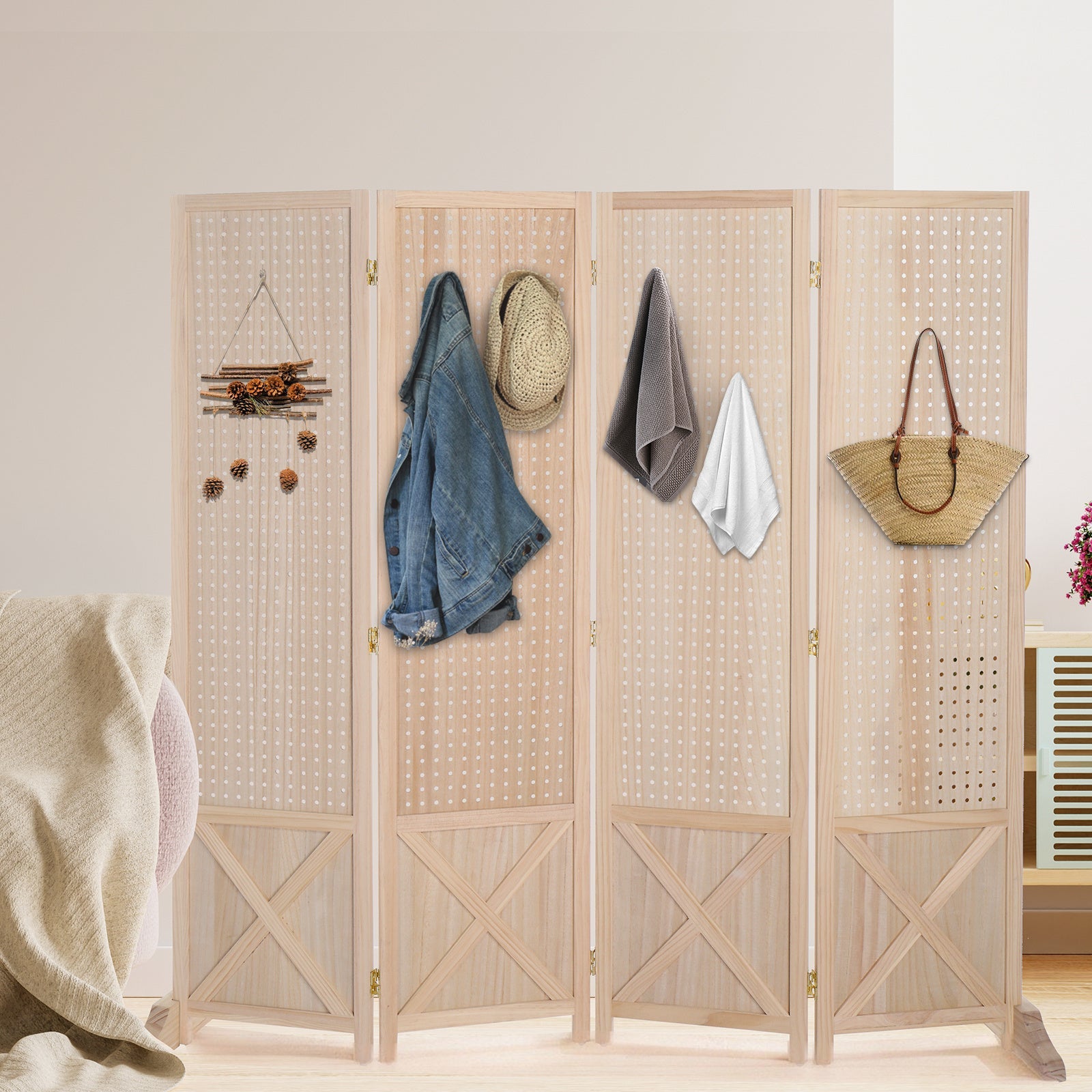 Room Divider, Freestanding Pegboard 60"H - Folding Wood Display Board Organizer shown in the main product view