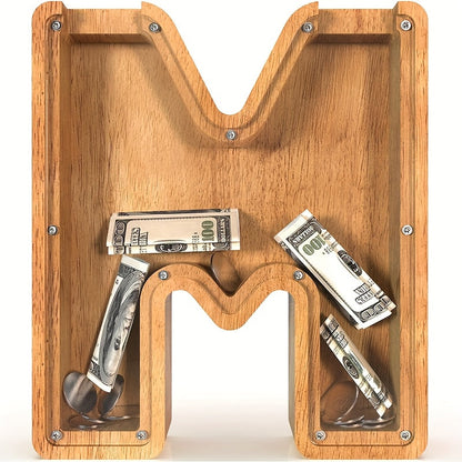 Wooden Letter Penny Bank – Alphabet Coin Bank Savings Box for Kids & Adults, Personalized Money Bank Birthday Gift, A to Z Initial Letter Bank