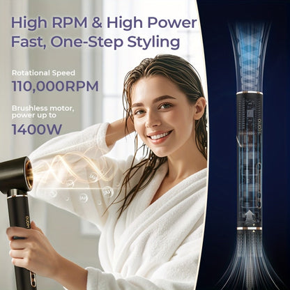 Hot Air Brush 6-in-1 Negative Ion Hair Dryer Brush & Styler 110000 RPM High-Speed Blow Dryer with Curling Iron Straightener Auto-Winding Curler Foldable Handle Storage Bag