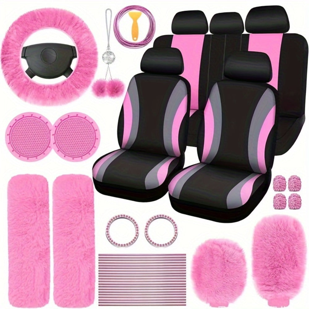 Car Interior Accessories Set for Women 45-Piece – Plush Steering Wheel Cover, Seat Cushion & Pendant, Universal Fit All Seasons, Available in Red, Black, Blue, Pink, Purple & More