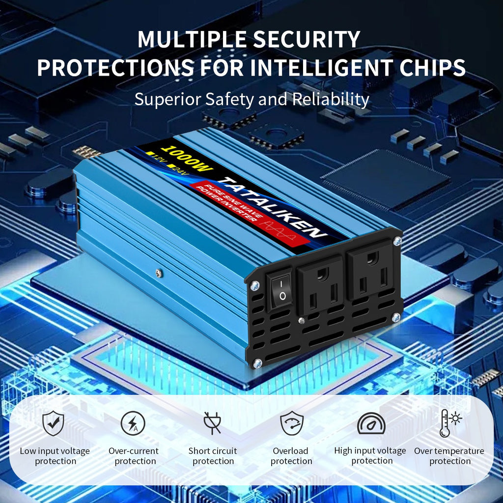 TATALIKEN Pure Sine Wave Inverter 1000W (peak) / 5000W (peak) Power, 12V/24V to 110V DC to AC, for Power Outages, Camping, Backup, And Automotive Accessories, Without Battery