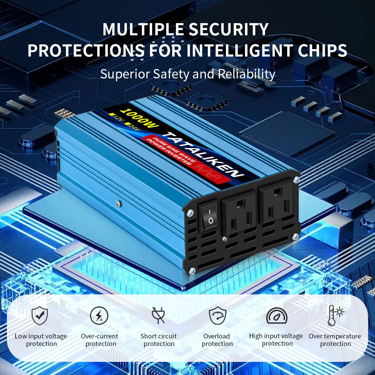 TATALIKEN Pure Sine Wave Inverter 1000W (peak) / 5000W (peak) Power, 12V/24V to 110V DC to AC, for Power Outages, Camping, Backup, And Automotive Accessories, Without Battery
