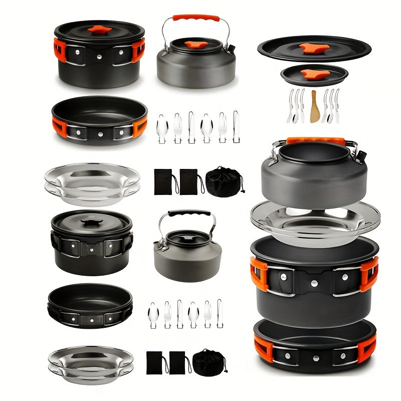 Camping Cookware Set for 2-3 People, Portable Aluminum Outdoor Cooking Kit with Pot, Frying Pan, Kettle & Cutlery, Lightweight Foldable Camp Kitchen Gear for Hiking, Backpacking & Travel