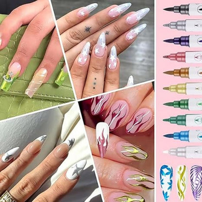 Nail Art Pens Set 10 Metallic Colors with 12pcs Nail Stickers - Dual-Headed 3D Acrylic Polish Markers for Doodle Dot Line Stitching Graffiti Designs, Home Salon Gift for Women Girls