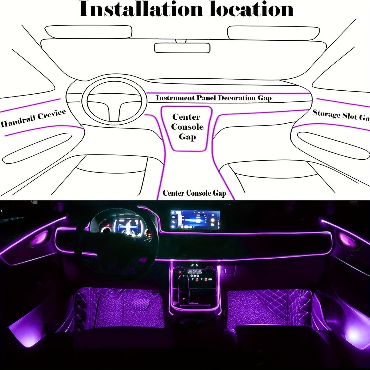 Automotive LED Interior Light Strip, 5 in 1 236 Inch/ 6 in 1 315 Inch RGB Multi-Color, with Optical Fiber Ambient Lighting Kit, Remote Control And APP Control, Car Car Plug LED Light Strip with Music Synchronization Mode, Without Battery