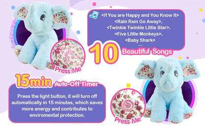 Glowing Elephant Stuffed Animal Plush Toy with LED Lights & Lullabies — Soft Floppy Blue Elephant Nightlight Companion for Babies Toddlers Kids | Birthday Easter Christmas Baby Shower Gift