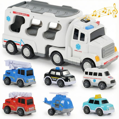 7-in-1 Kids Car Toy Set 7pcs with Playmat – Large Vehicle + 6 Mini Cars Ambulance Police Fire Truck Engineering – Birthday Halloween Christmas Gift for Boys Girls