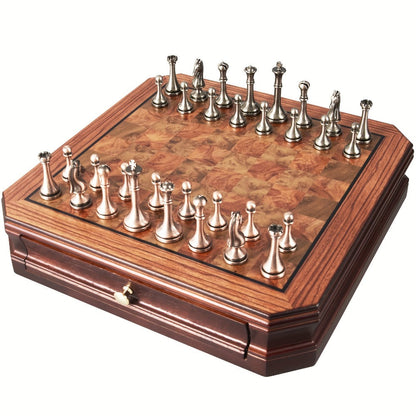 Wooden Chess Set with Metal Pieces & Storage Drawers 12 Inch – 2.5" Kings 2 Extra Queens Vintage Mahogany Board for Adults Beginners, Premium Strategy Game Gift