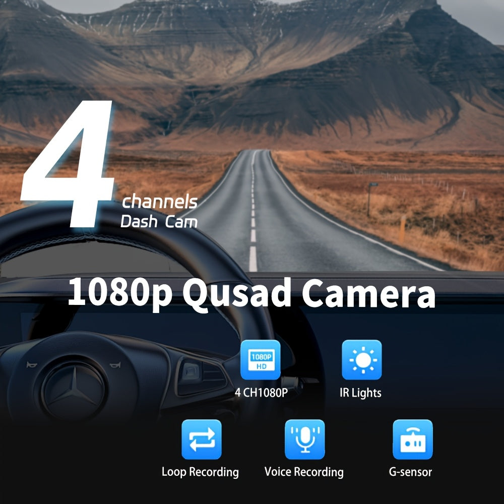 Wifi And 512GB Memory Card, Car Dash Cam, 4-Lens 1080P Full HD Video, Front, Back, Left And Right 360-Degree Driving Recorder, 170-Degree Ultra-Wide Angle, Support Loop Recording, Driving Record