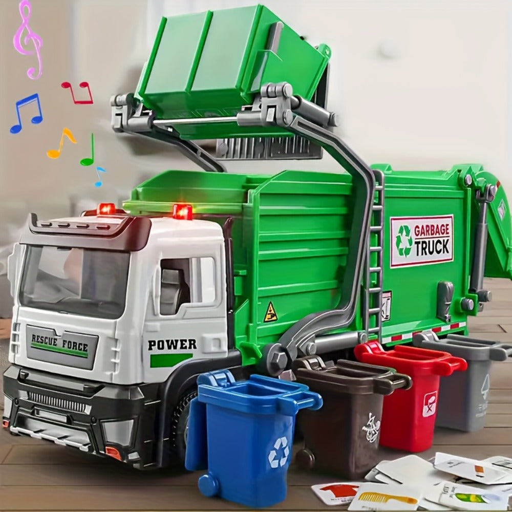 Garbage Truck Toy with 4 Trash Bins Lights & Sound – Recycling Sorting Sanitation Truck with Lifting Dumping Action Educational Vehicle Toy for Kids Ages 3-8 Birthday Gift Boys Girls
