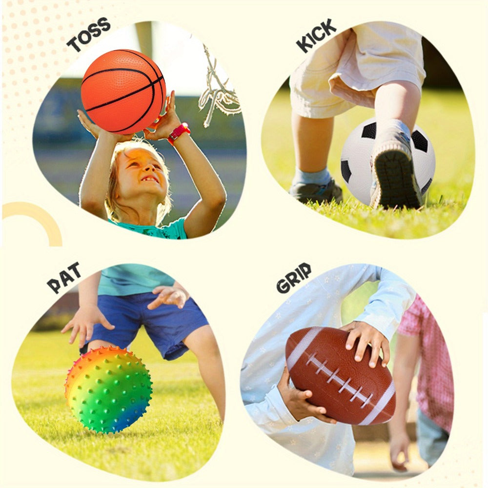 Kids Playground Ball Set 7-Pack with Air Pump – 10.6 Inch Outdoor Ball Plus 6-Inch Basketball Football Rugby, Active Play Toy for Home Yard Pool Classroom Park, Birthday Party Gift for Children Ages 4+