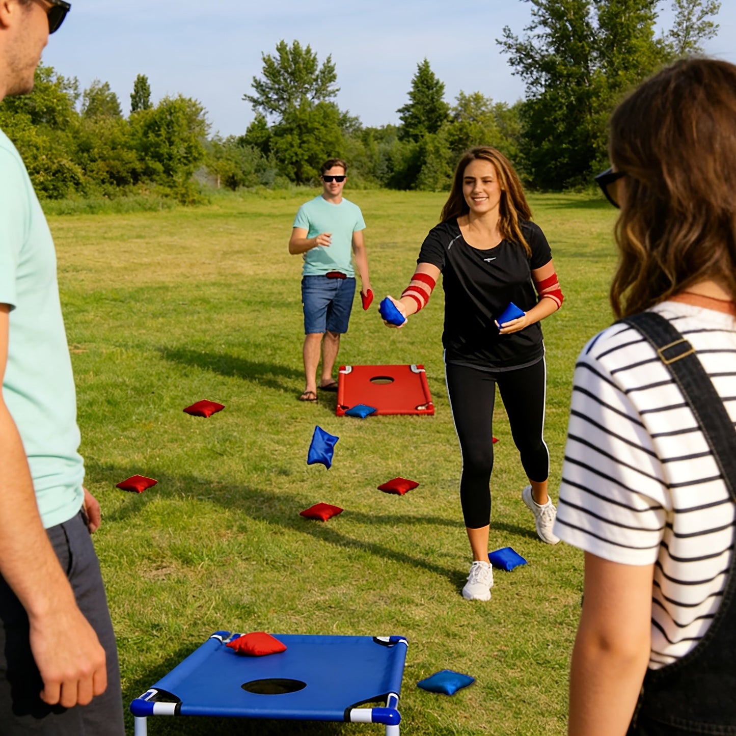 Portable Cornhole Game Set with 12 Bean Bags, Red & Blue Outdoor Toss Game Board for Backyard Camping Family Parties Holiday Gifts