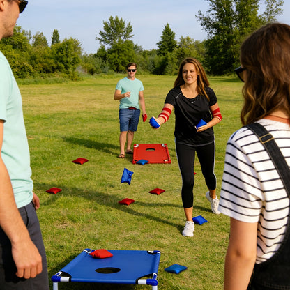 Portable Cornhole Game Set with 12 Bean Bags, Red & Blue Outdoor Toss Game Board for Backyard Camping Family Parties Holiday Gifts