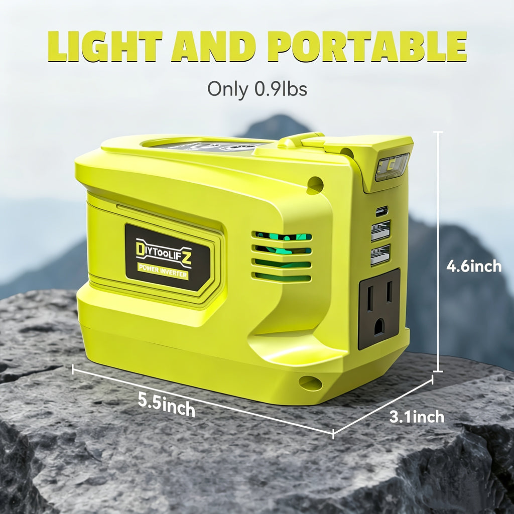 Diytoolifz Power Inverter Compatible with Ryobi 18V Battery, 200W Portable Power Supply Inverter Convert DC 18V to AC 110V-120V Battery Power Station with 2 USB And AC Battery Powered Outlet (Without Battery)