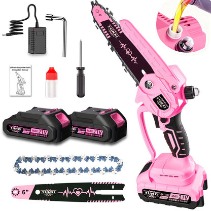 Mini Chainsaw 6 Inch 21V Cordless Battery Powered | Handheld Electric Chain Saw for Tree Branch Trimming Wood Cutting | Lightweight Portable Pruning Saw Pink