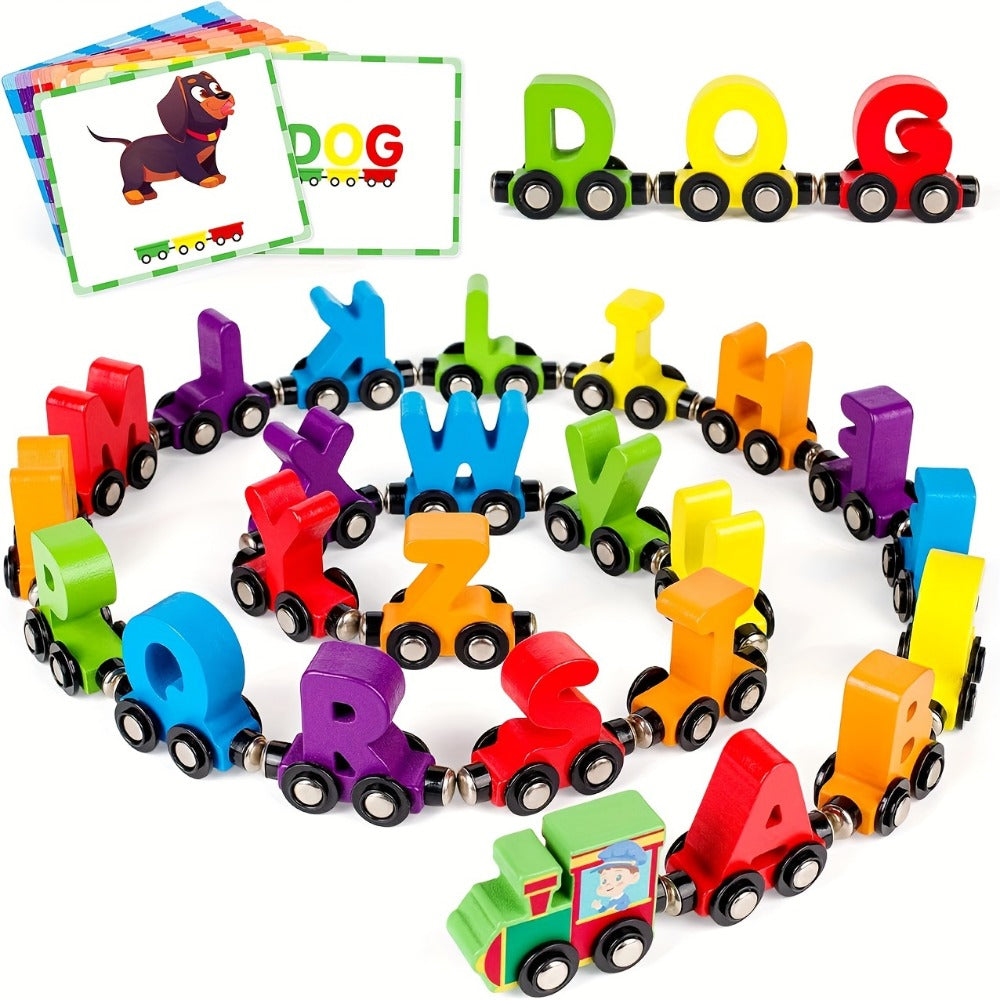 Magnetic Wooden Alphabet Train Set 27PCS ABC Letter Learning Toy with 42 Double-Sided Flash Cards, Engine & Storage Bag – Educational STEM Gift for Boys & Girls Ages 3-6