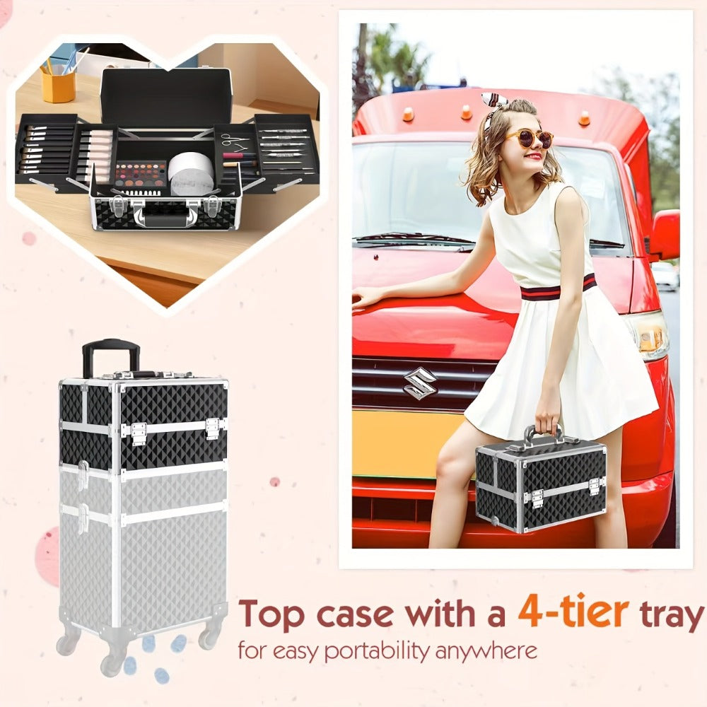 Rolling Makeup Train Case 3-in-1 Large Capacity Professional Cosmetic Trolley Swivel Wheels Lock Key Sponge Set Included Salon Barber Artist Travel Cart Trunk Black Pink
