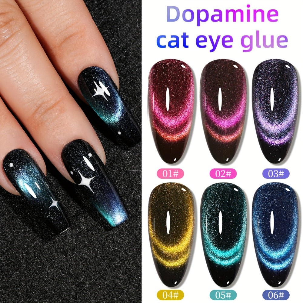 Dopamine Cat Eye Gel Polish Set 6 Colors Magnetic Shiny Glossy UV LED Nail Art Kit with Photo Frame Bottle for Salon DIY Manicure Spring Summer Vibrant Reflective Long Lasting Nail Design