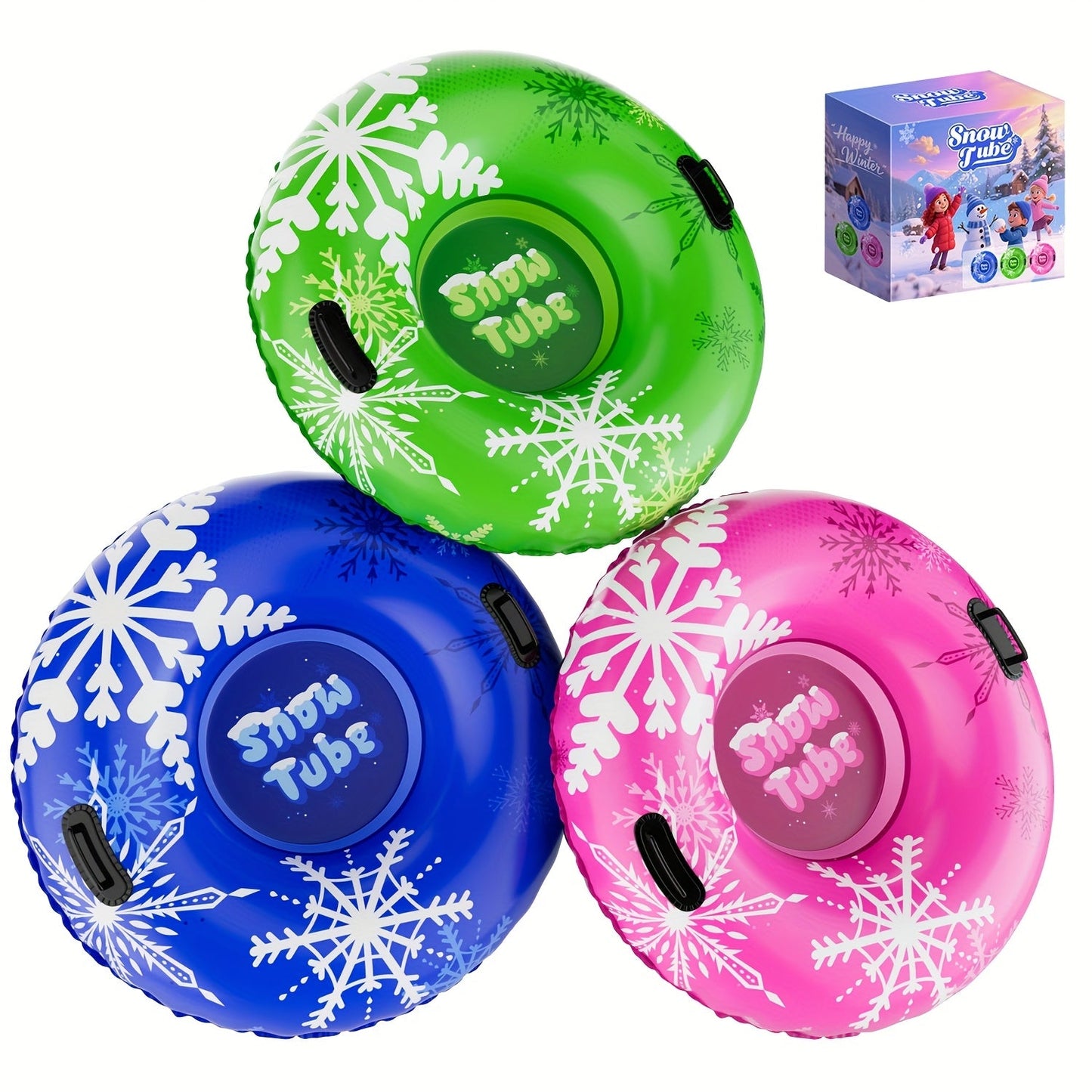 Inflatable Snow Tubes Set of 3 – Heavy-Duty PVC Sled Tubes 36 & 40 Inch with Anti-Slip Handles, Portable Winter Snow Sleds for Kids & Adults, Outdoor Family Fun, Christmas & Holiday Sledding