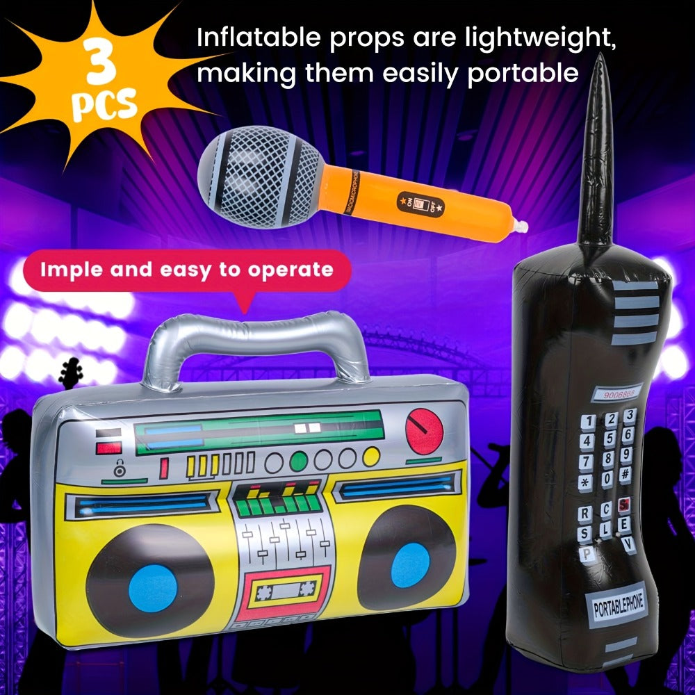 Inflatable Party Props 3 Pcs Blow Up Boombox Microphone & Retro Phone – 80s Hip Hop Theme Birthday Decorations for Graduation, Back to School, School Dance, DJ & Music Themed Party Supplies