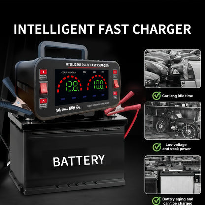 Car Battery Charger 12V/24V with LCD Display – Fast Charging Portable Maintainer for Cars, Trucks, RVs & Motorcycles, Overcharge Protection, Lead-Acid Compatible