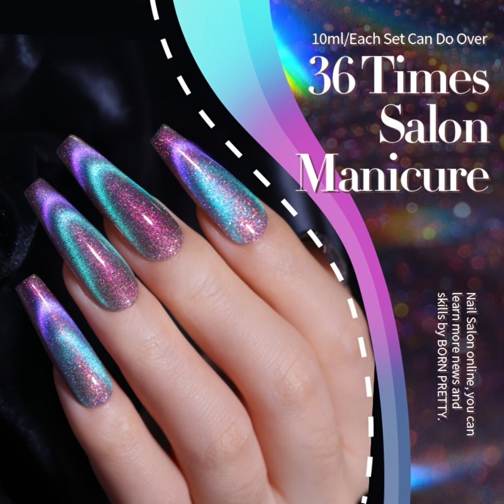 Cat Eye Gel Polish Set 6pcs BORN PRETTY Double Light Reflective Magnetic - Sparkling Rainbow Glass Cat Eye Effect Soak Off UV LED Gel 10ml Each Long Lasting Salon & Home DIY Manicure Kit for Women