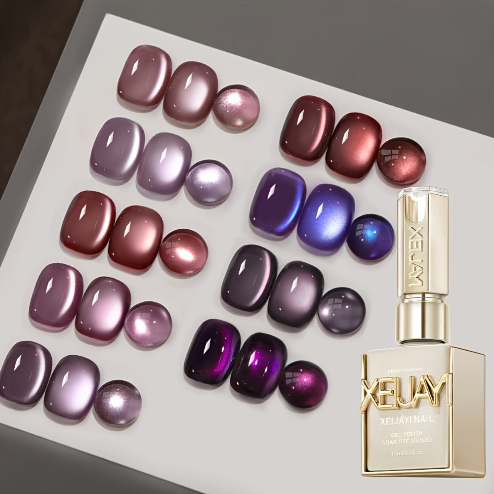 Purple Cat Eye Magnetic Gel Polish Set 9 Colors UV LED Soak Off | 3D Light-Shifting Effect 0.51oz Each Long Lasting Chip-Free | Salon & Home DIY Nail Art Manicure Kit for Women Beginners