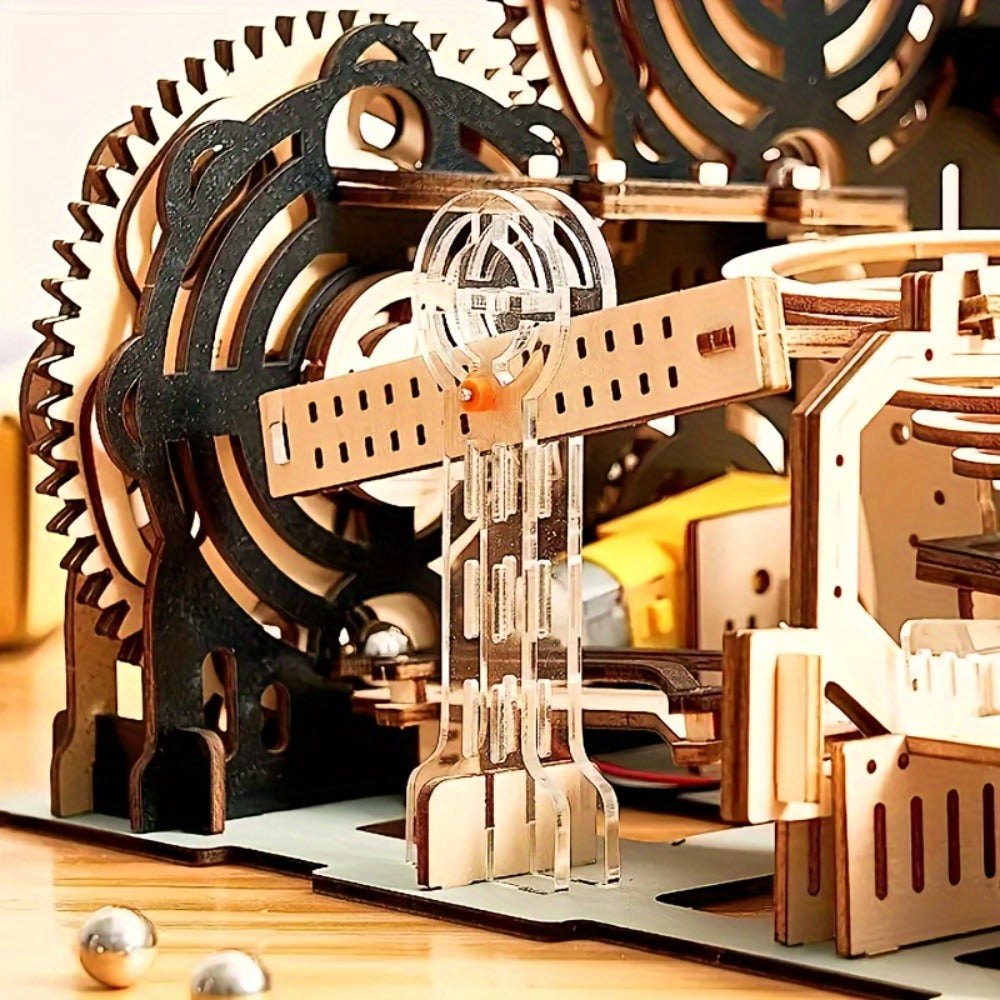 Marble Run Kit Electric 3D Wooden DIY Model Building Set – Brain Teaser STEM Puzzle Toy for Teens & Adults, Mechanical Engineering Gift for Christmas Birthday Valentine's Day