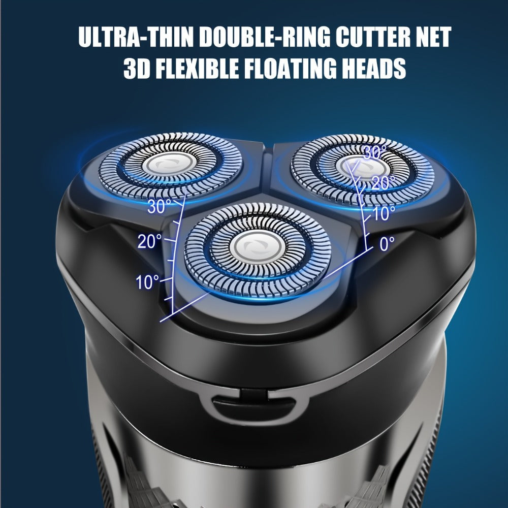 Men's Electric Rotary Shaver with 3D Flexible Floating Heads – USB Rechargeable Cordless Electric Razor with Adjustable Trimmer for Close Comfortable Shave, Dark Grey