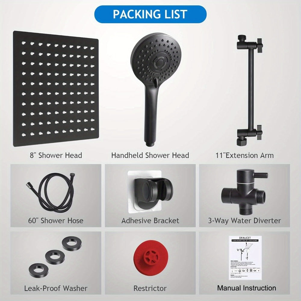 Rainfall Shower Head with Handheld Combo – 8" High Pressure Rain Shower, 5-Setting Adjustable, Anti-Leak with 11" Extension Arm, Holder & Hose, Height & Angle Adjustable