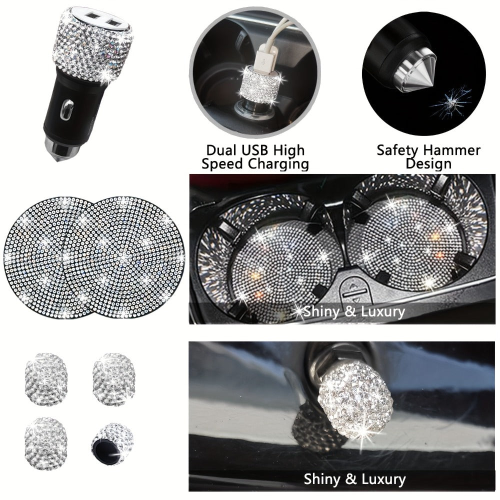 Bling Car Interior Accessories Set for Women 30-Piece – Steering Wheel Cover Universal 15 Inch, Seat Belt Covers, Armrest Cover & Gear Shift Cover, Woven Glitter Car Décor Kit