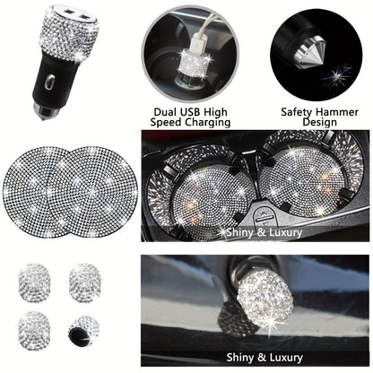 Bling Car Interior Accessories Set for Women 30-Piece – Steering Wheel Cover Universal 15 Inch, Seat Belt Covers, Armrest Cover & Gear Shift Cover, Woven Glitter Car Décor Kit