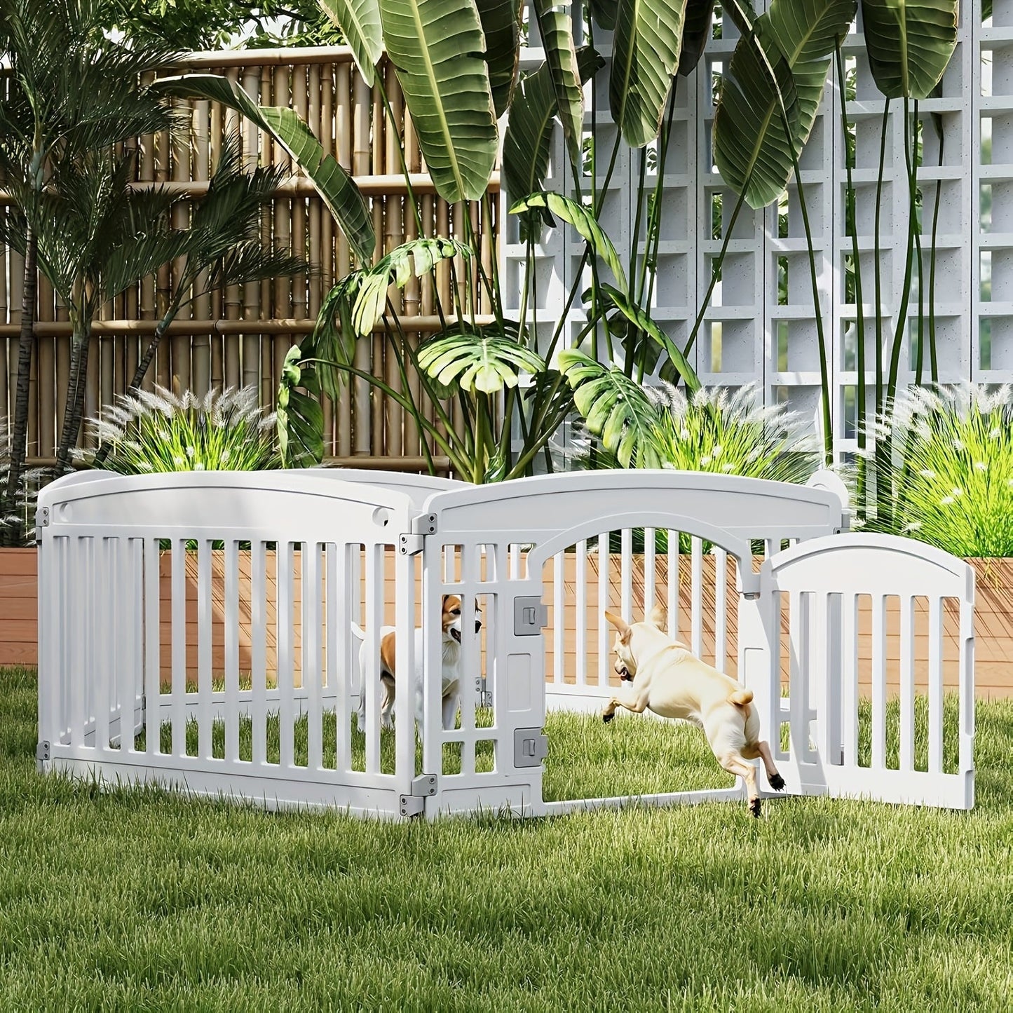 Dog Pen 4 Panel with Non-Slip Bottom & Safety Locking Door - Portable Expandable Indoor Outdoor Pet Pen for Medium Dogs & Puppies, Lightweight Durable Puppy Enclosure in Black & White