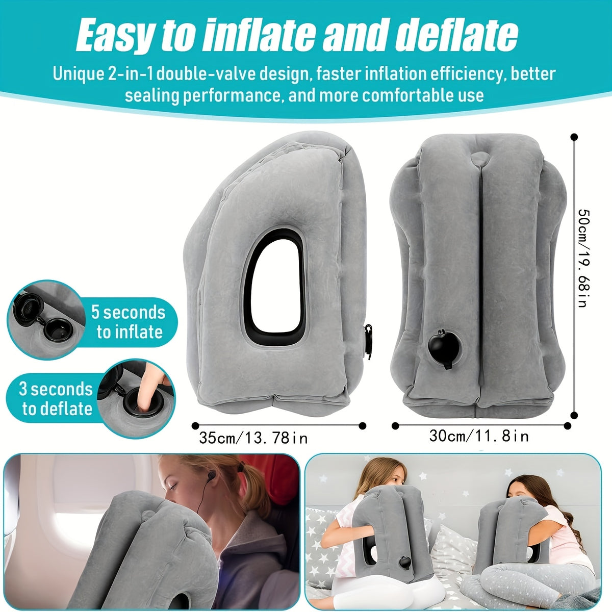 [Inflatable Travel Pillow] 1pc Inflatable Travel Pillow with Patented Valve Design - Adjustable Neck & Head Support, Lightweight & Medium-Firm Ergonomic Air Pillow for Long Haul Flights, Cars, Buses, Trains, Office Napping (Mixed Colors)