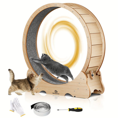 Cat Exercise Wheel 45-Inch XL Silent Running Wheel – Large Wooden Indoor Cat Treadmill with Carpeted Runway for Active Cats, Cat Fitness Wheel Gift for Cat Lovers, Wood, White & Black