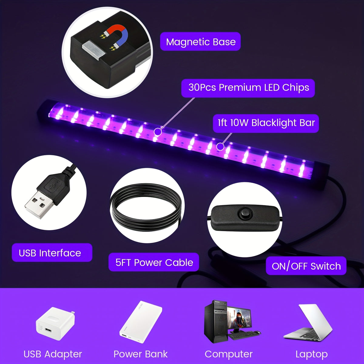8pcs/6pcs/2pcs Black Light Strips, 10W 1ft Upgraded UV LED Black Light Strips, Luminous Parties, Posters, Tapestays, Room And Bedroom Decorations, Car Body Paint, Halloween Decoration