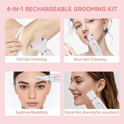 4-in-1 Electric Hair Remover for Women USB Rechargeable Shaver Trimmer – Eyebrow Nose Face Leg Bikini Line Underarm Peach Fuzz Removal Stainless Steel Blades Portable Travel Gift