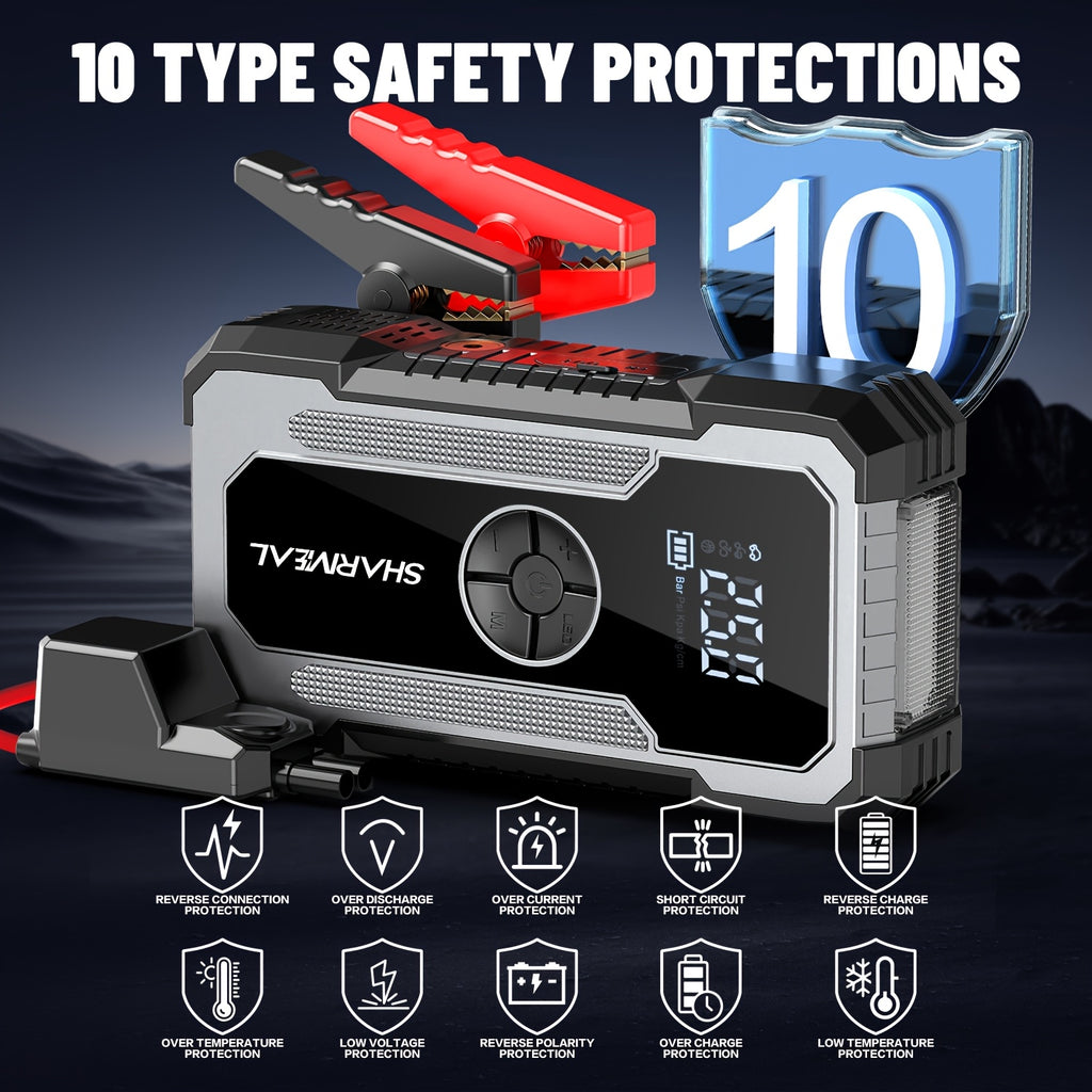 SHARMEAL12000/18000A 12-IN-1 Jump Starter with Air Compressor, Portable Car Battery Booster(8.0 Gas/2.38gal Diesel) with 150PSI Tire Inflator, 12V Supersafe Lithium Jump Box Car Battery Jumper Starte Car Owners, Truck Drivers