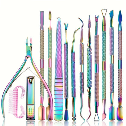Nail Tech Kit 15pcs Professional Stainless Steel – Cuticle Nipper & Pusher Nail File Gel Polish Remover Complete Manicure Pedicure Tools with Storage Box, Salon & Home Nail Care Set Gift for Nail Technicians