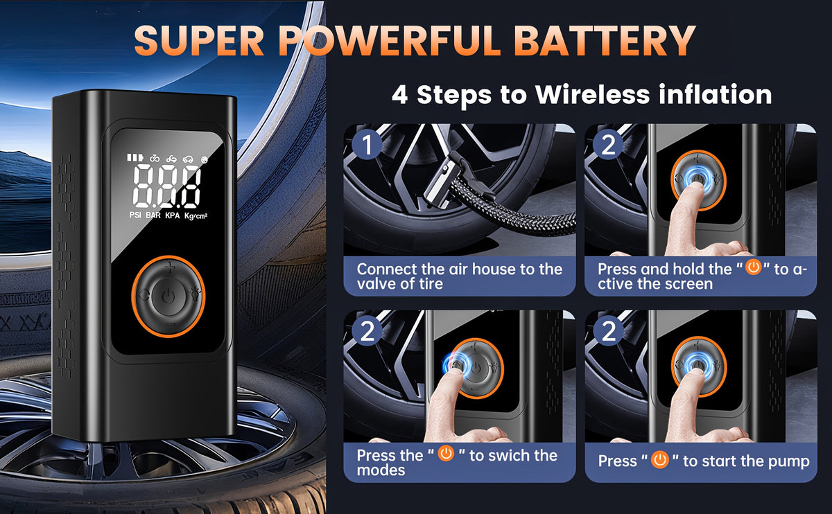 Portable Tire Inflator - 150PSI Air Compressor with Preset Pressure Auto-Stop, USB-C Fast Charge And LED Light, Multi-Mode for Car, Moto, Bike, Ball, Air Pump Ideal for Car