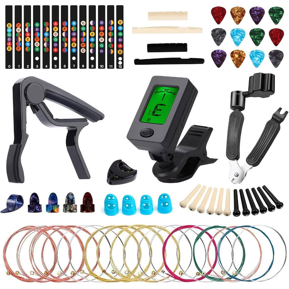60pcs Acoustic Guitar Accessories Kit Including Guitar Strings, Tuner, Capo, 3-in-1 Restring Tool, Pick Holder, Bridge Pins, Nuts & Saddles, Finger Protector, Finger Picks, Fretboard Stickers product image