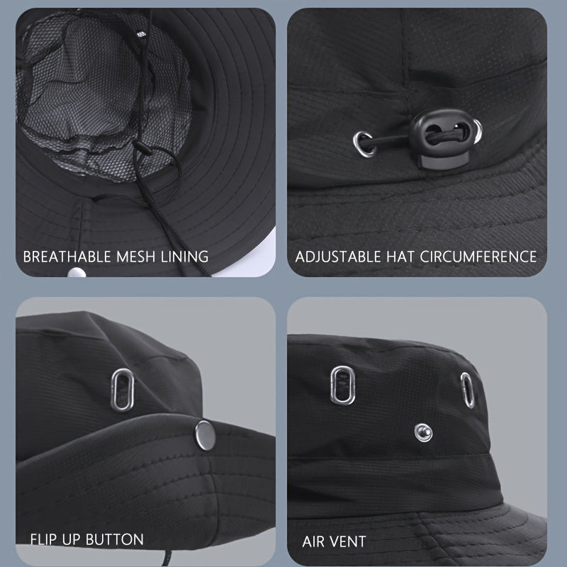 Wide Brim Sun Hat with Face Mask 2-Set UV Protection Foldable Fishing Hat, Breathable Drawstring Outdoor Cap for Beach, Fishing, Hiking & Outdoor Work, Unisex Men & Women, Black Gray Khaki