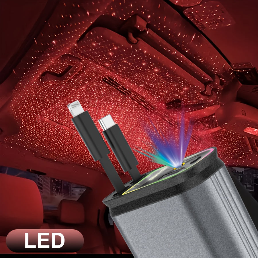 Star Projection Night Light Charger, LED Decorative Romantic Roof Ceiling Light, 4-In-1 Fast Charging USB Car Adapter, 66W with 2.6Ft Retractable Cable, Adjustable Orientation And 2 USB Ports, Perfect for Apple And for Android Phone Holiday Gifts