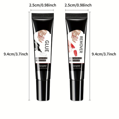 Press-On Nail Glue & Remover Kit 4pcs - 2x Semi-Solid Gel Nail Glue 10g + 2x Nail Polish Remover 10ml, Quick-Drying No-Lamp Strong Bond Adhesive for Fake, Acrylic & DIY Nails, Women Manicure Set